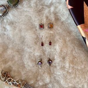 3 Vintage Semi-Precious Latch Back Earrings  Amber, Garnet, Amethyst